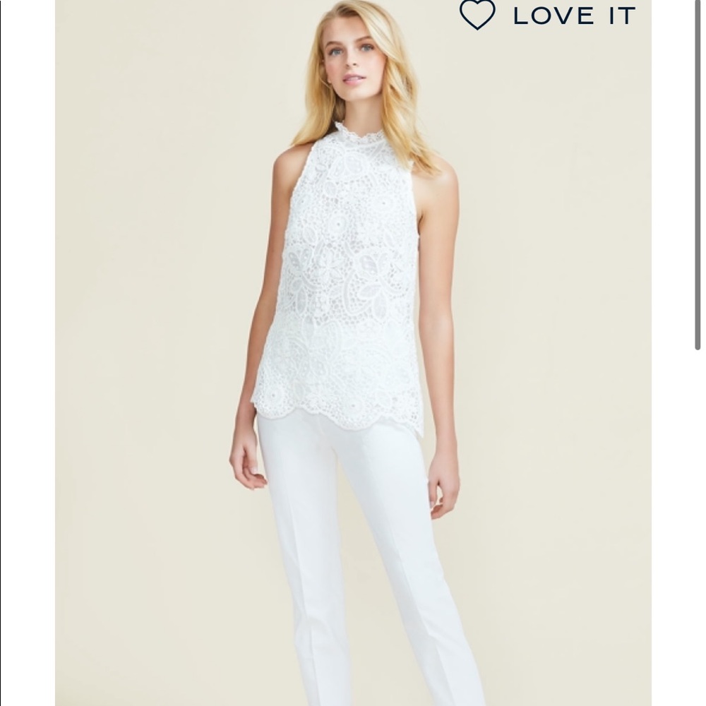 Pearl Lela Rose Corded Lace Sleeveless Top Ruffle Trim Lined White Tank XS